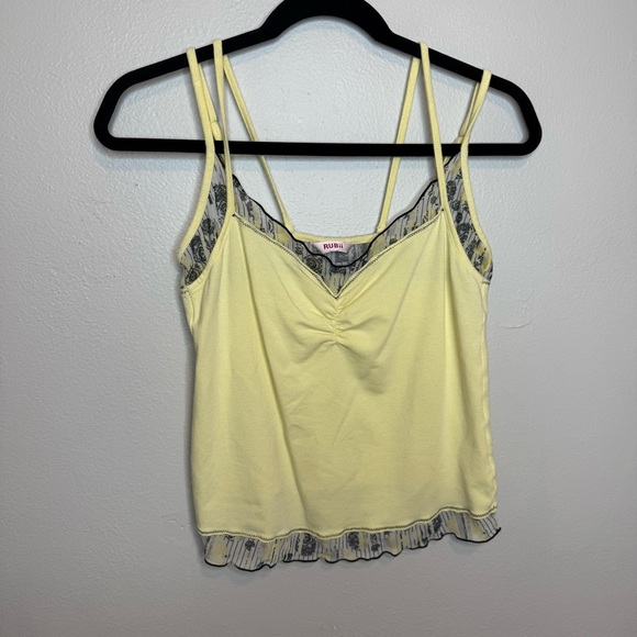 Y2K Rubii Tank Top Yellow Lace Strappy Ruched Bust Camisole - Picture 1 of 10